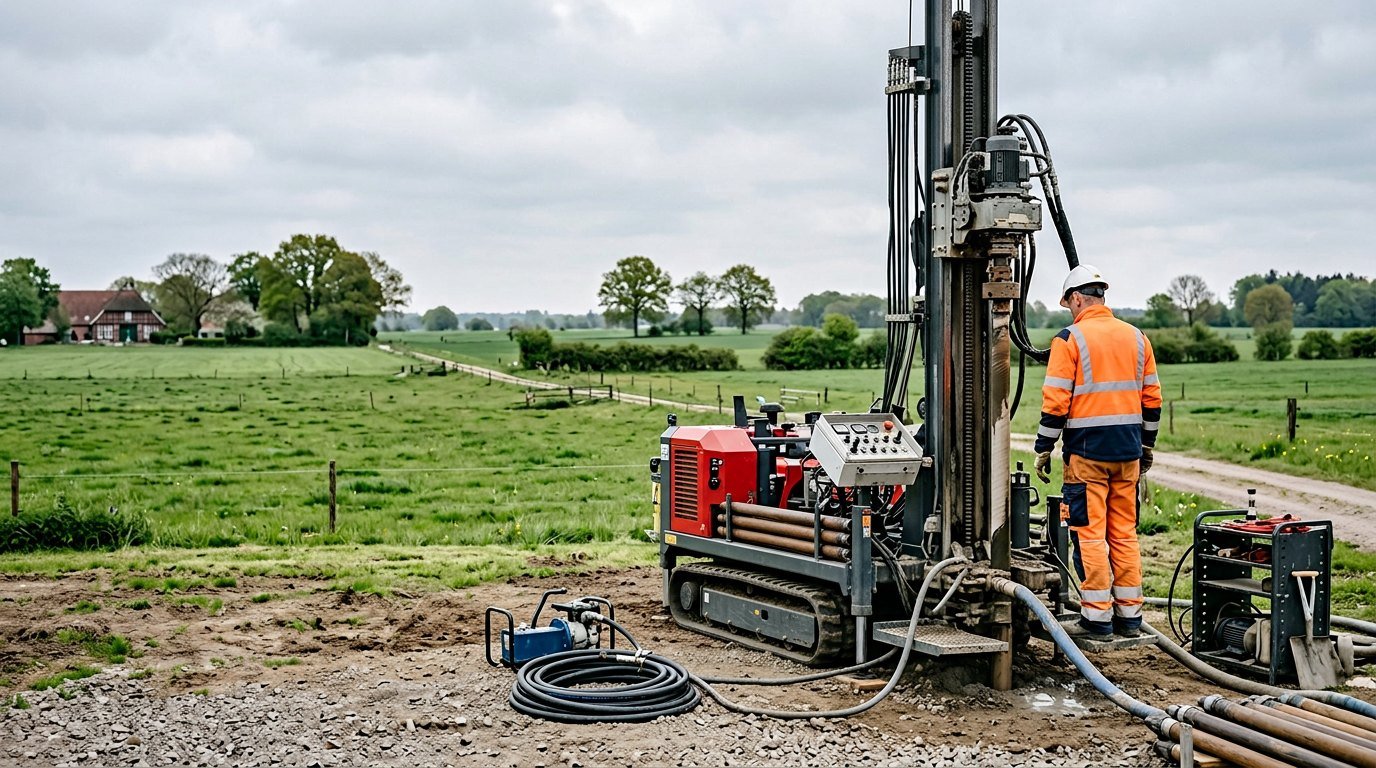 Kompaktes Raupenbohrgerät mit Bediener an einer Bohrstelle