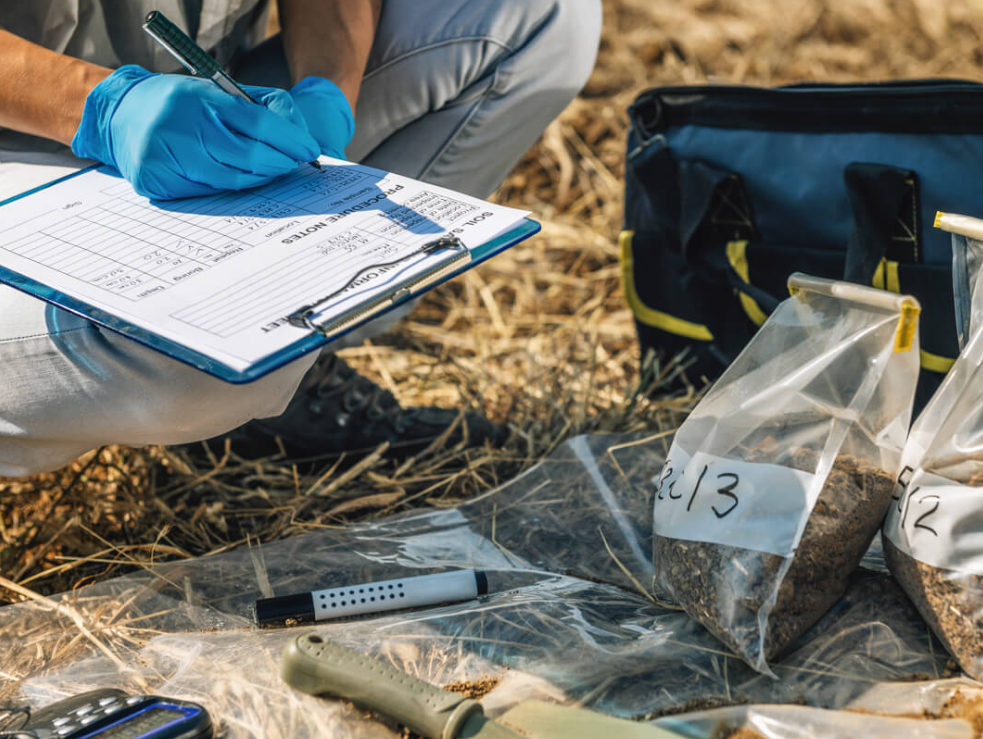 Dokumentation einer Probenahme neben beschrifteten Beuteln mit Materialproben